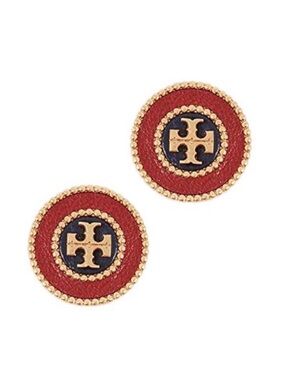 Tory Burch Red and Navy Gold-Tone Round Logo Stud Earrings